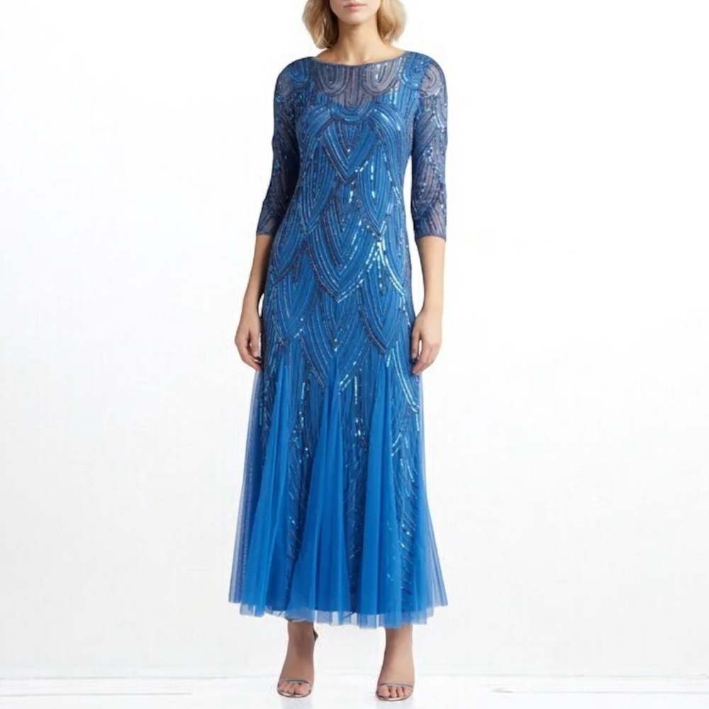 🌻NEW w.tag Pisarro Nights Illusion Sleeve Beaded A-Line Gown Size 2 {{flaw}}